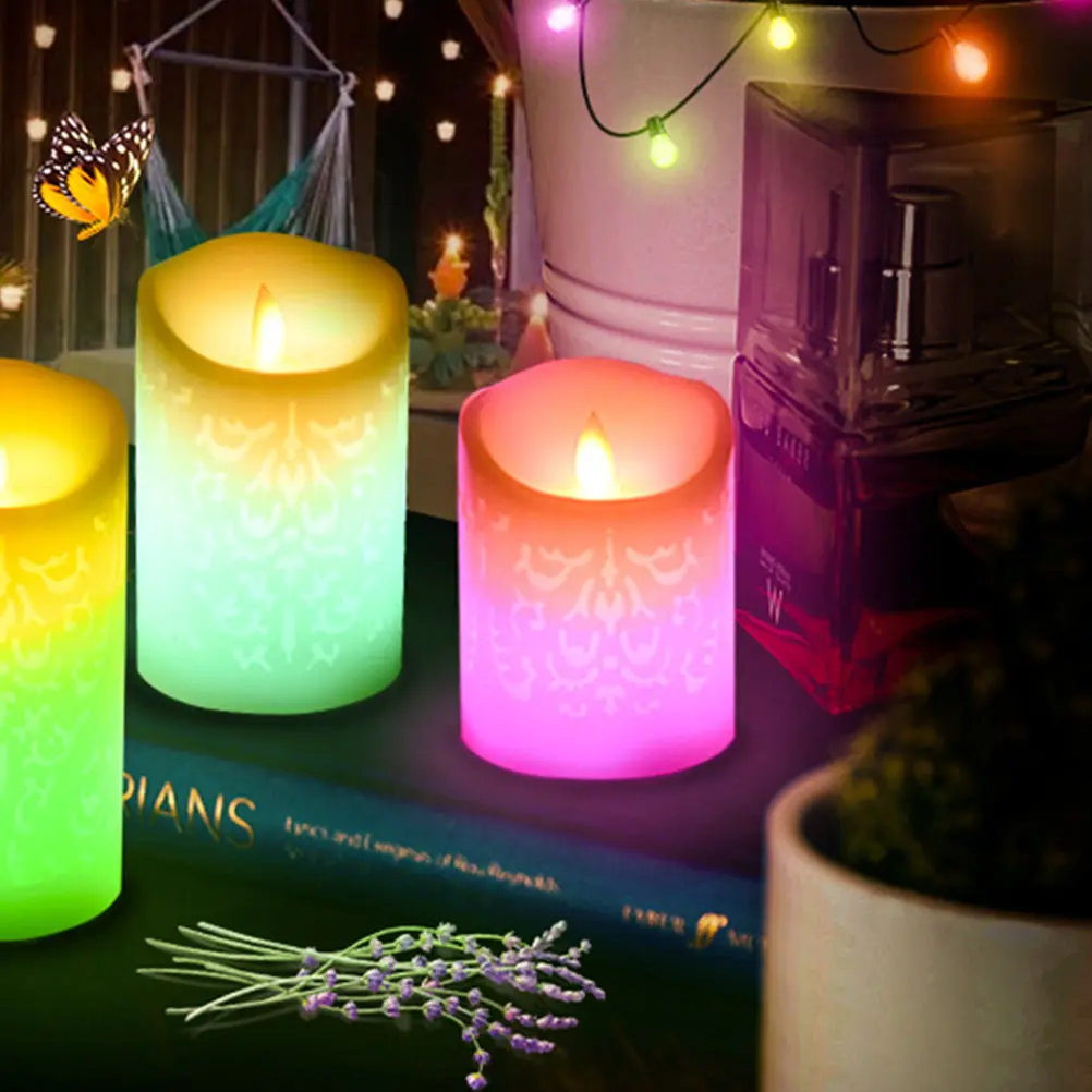 3Pcs Remote Control LED Lights Flameless Flickering Hollow Pattern Decorative Party Light Night Lamp Home Use Battery