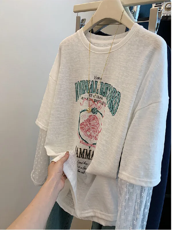 

plus Size Women's Lace Long Sleeve T-Shirt Summer American Style Fake Two-Piece Design Sun Protection Top Large Size Cotton r...