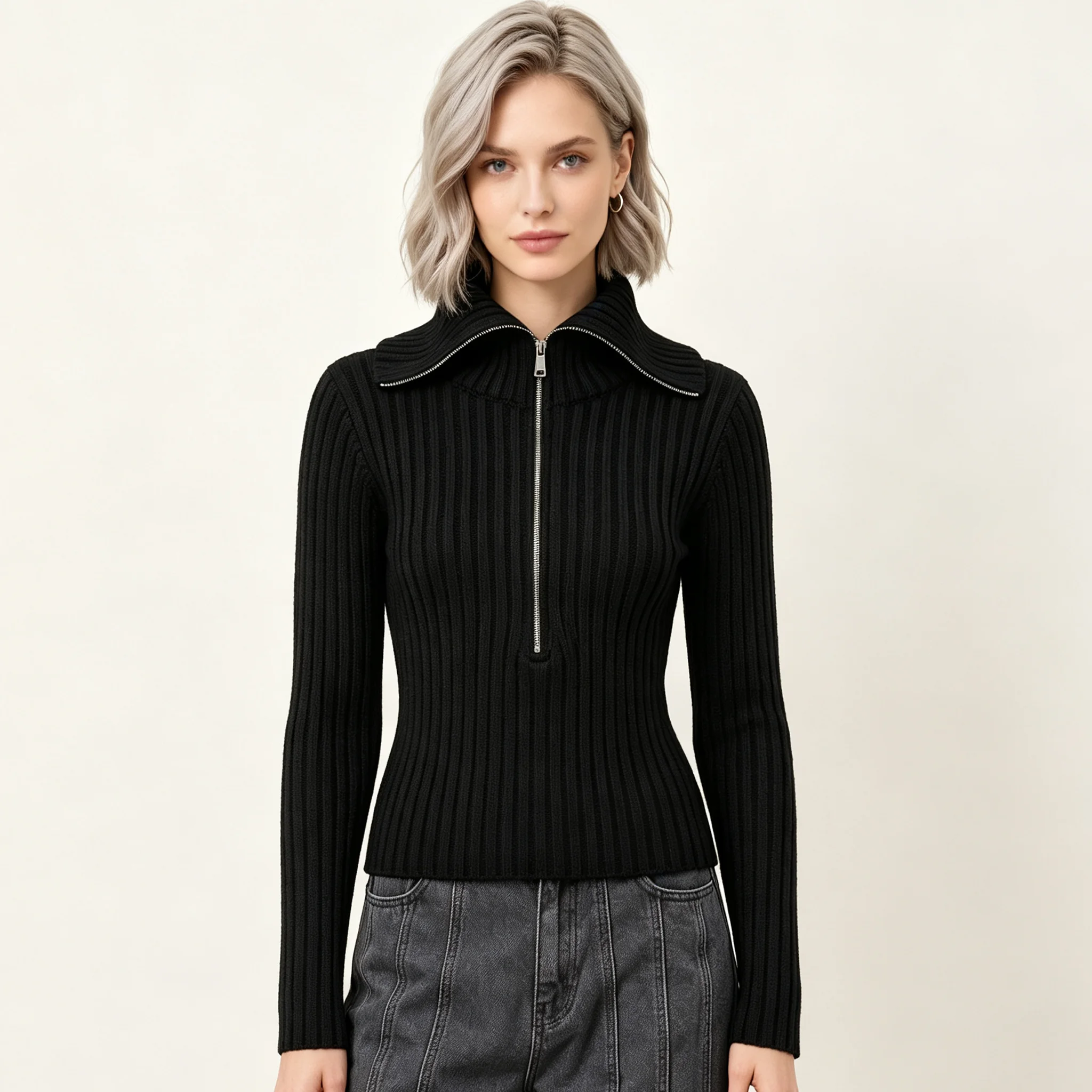 PUAL  2026 Women Half Zip Ribbed Knit Top, Lapel Collar Slim Fit Cropped Black Long Sleeve Sweater for Daily Wear