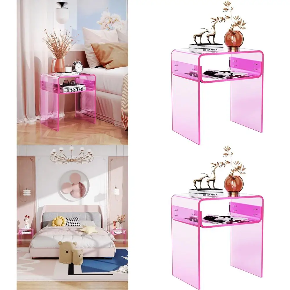 

Pink 2-Tier Acrylic Bedside Table for Living Room and Bedroom, Modern Home Decor