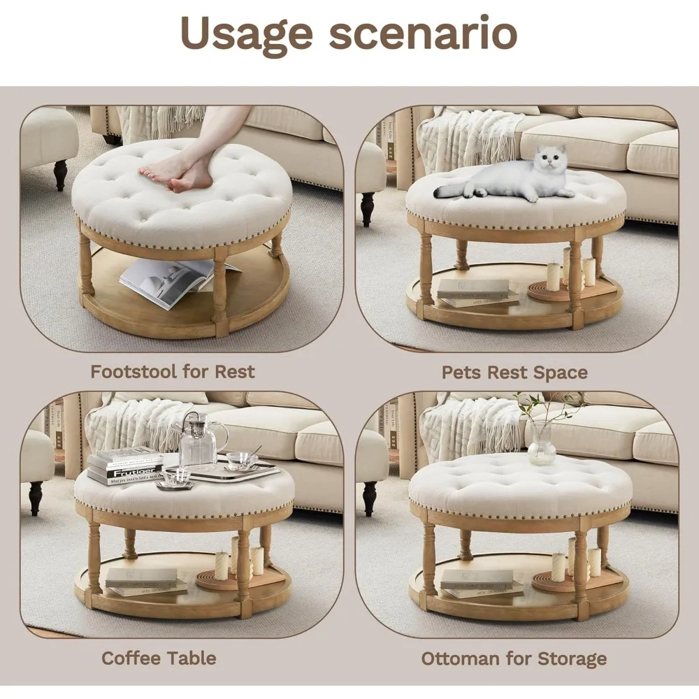 33 طاولة قهوة عثمانية مستديرة كبيرة مع مساحة تخزين، مسند قدم منجد من الكتان مع رف تخزين خشبي للمزرعة