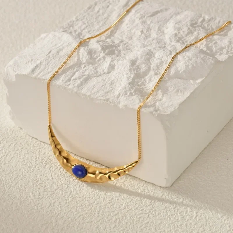 

DLseek Lapis Lazuli Pleated Moon Retro Round Beads Heart Gold Stainless Steel Double Layered Drops Pendant Necklace for Women