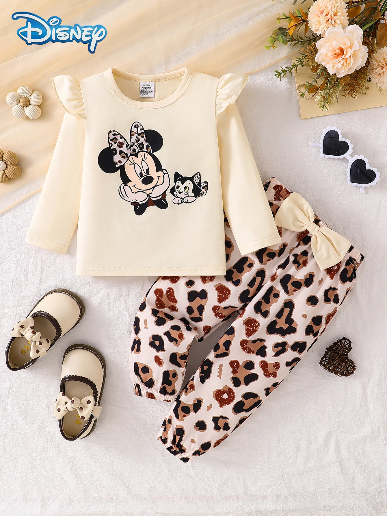

【Officially Licensed】Disney Minnie Mouse 2-Piece Spring/Autumn Baby Girl Pants Set Cute Cartoon Minnie Print Round Neck Long Sleeve Top + Elastic Waist Bow Decoration Leopard Print All-Over Print Slightly Stretchy Pants Children's Daily Outdoor Party Trav