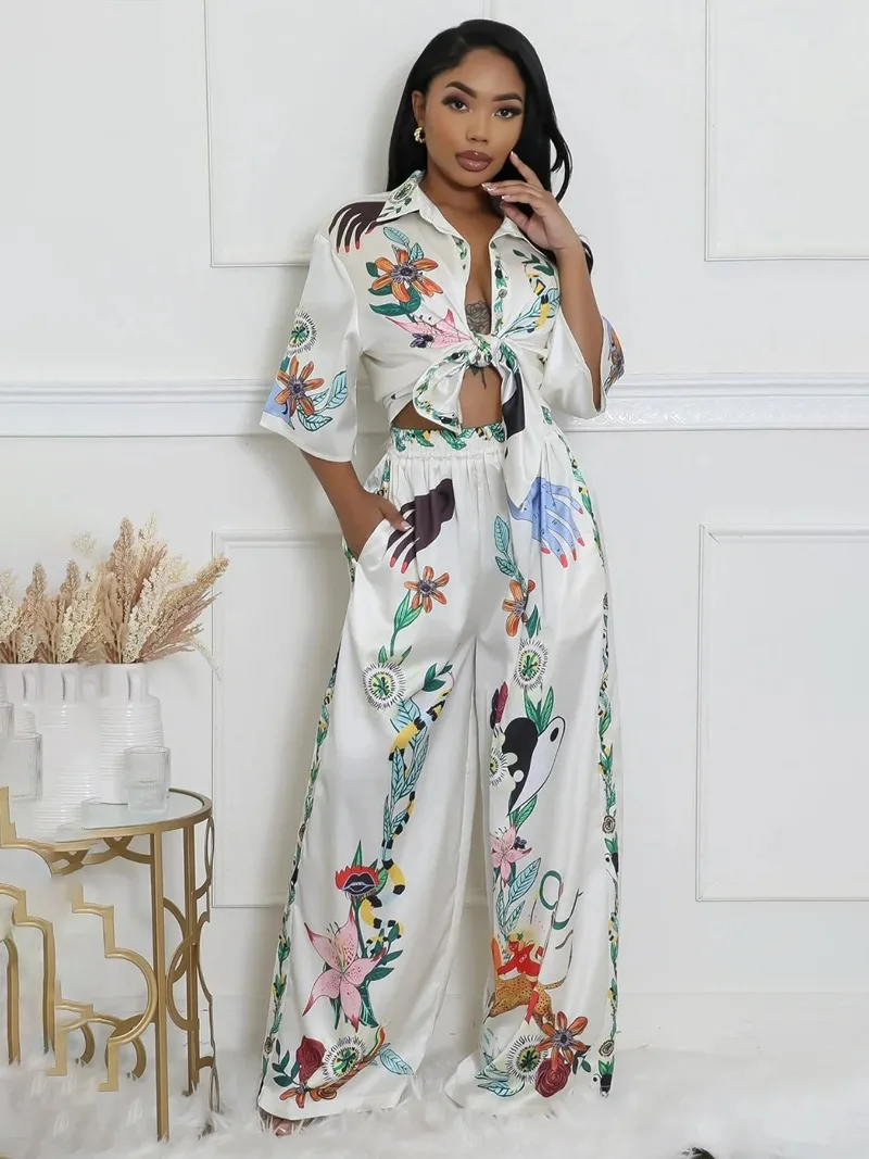 

KEXU Beach Printed Fashion Women's Set Short Sleeve Blouses and Wide Leg Pants 2025 Summer Two 2 Piece Set Outfit Tracksuit