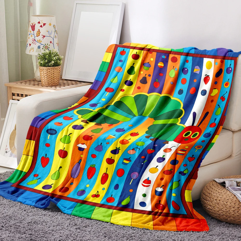 1PC of colorful Caterpillar and Fruit Print Blanket-Made of Soft and Fluffy Flannel, Perfect for a Bed or Sofa. Great for Fun Ho