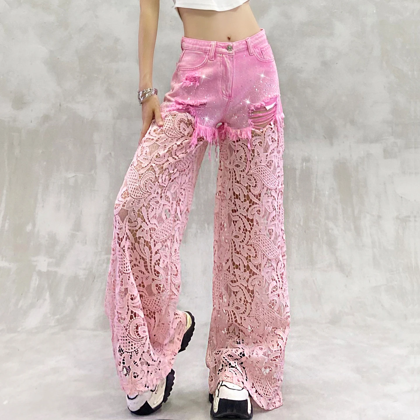 2025 Summer New Women's Lace Patchwork Design Casual Jeans High Waist Loose Slimming Versatile Hollow Out Wide Leg Pants