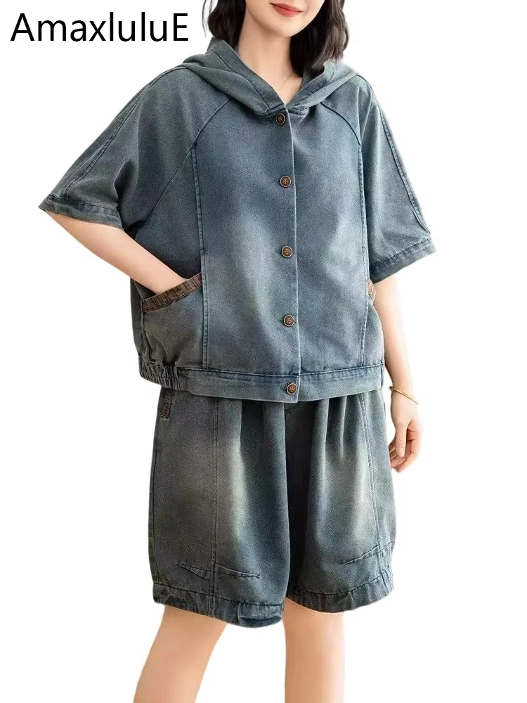 

AmaxluluE 2025 летние куртки, костюмы, женские модные джинсовые комплекты из двух предметов, классические пальто с капюшоном, повседневные шорты, свободные джинсовые наряды