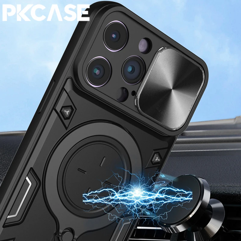 

PKCASE Slide Push Window Shockproof Case For iPhone 16 15 14 13 12 11 Xs Pro Max SE X XR 7 8 Plus Magnetic Rotation Stand Cover