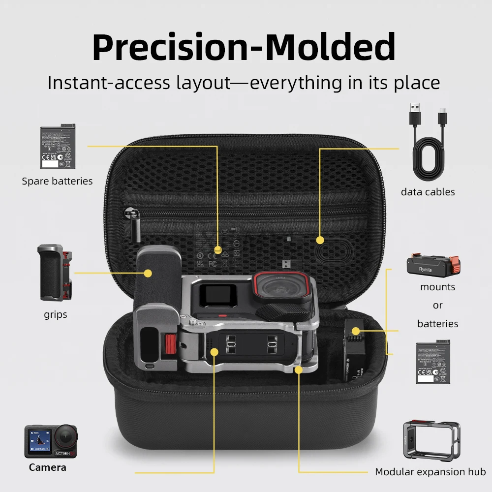حقيبة حمل لـ DJI Action 5 Pro/4/3 حافظة سفر بسحاب مزدوج مع حلقة تسلق صندوق واقي حقيبة مقبض مضرب الشارع
