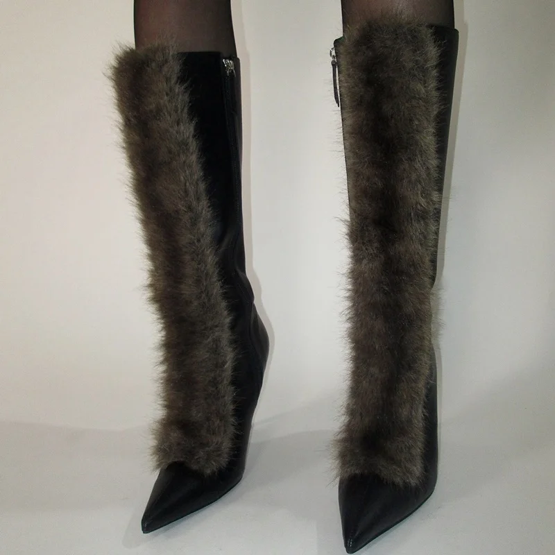 

Fur Removabel Knee High Boots Sexy Pointed Toe Matte Leather Zipper New Arrivals Fashion Women Modern Boots