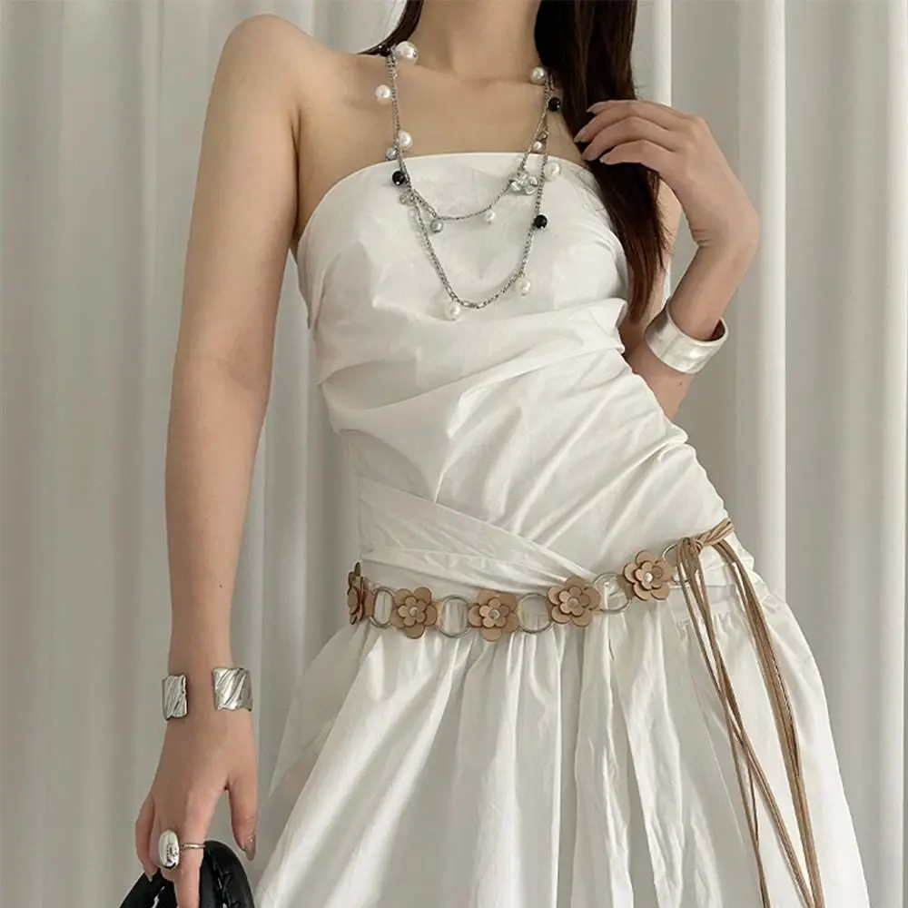 핫 더블 스몰 플라워 PU 가죽 벨트, 속이 빈 원형 링, 조절 가능한 스트랩 허리띠, 빈티지 허리 로프, 여성용