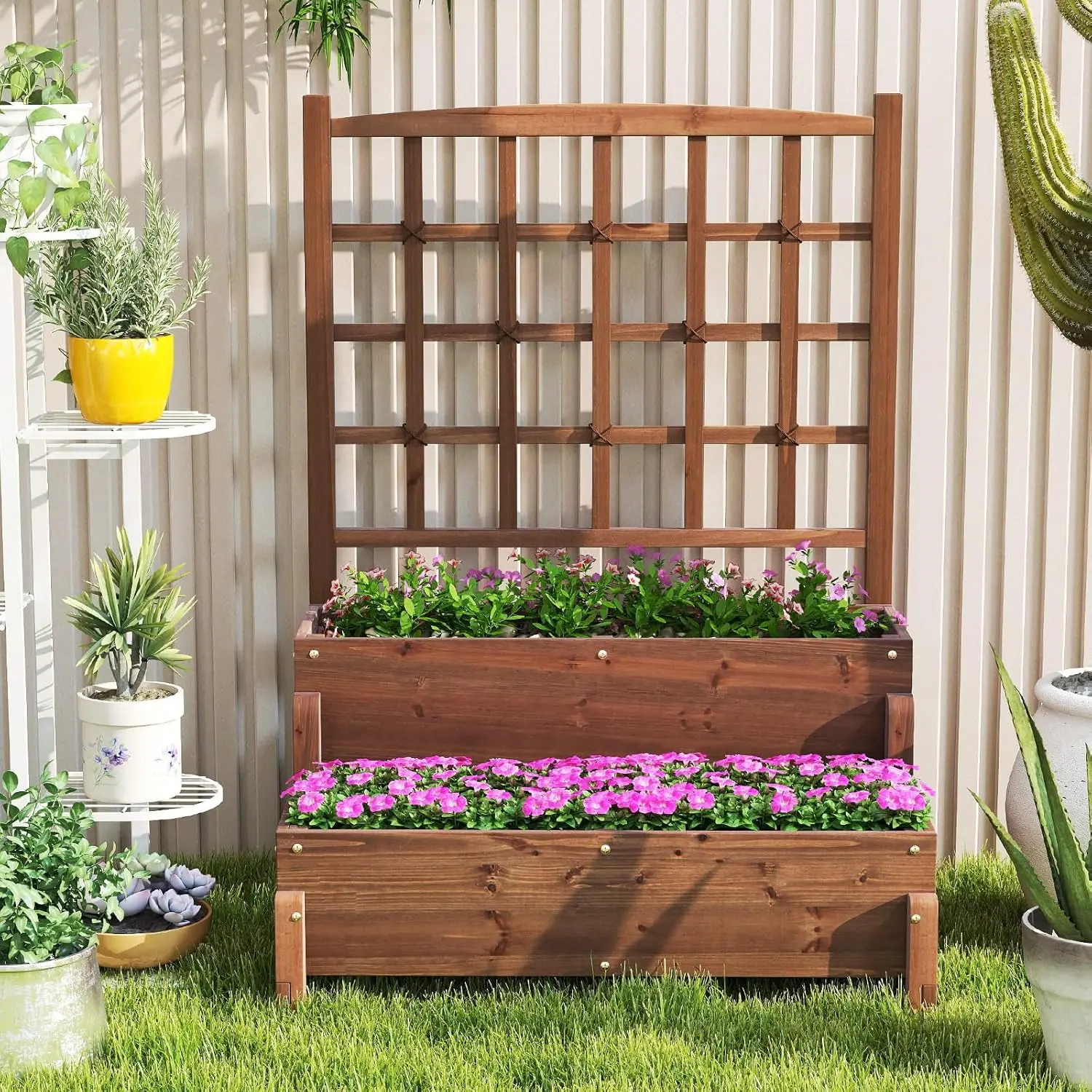 Backyard, Garden, Lawn, Wood, No Color Mentioned, 2 - Tier with Trellis, Drainage Holes