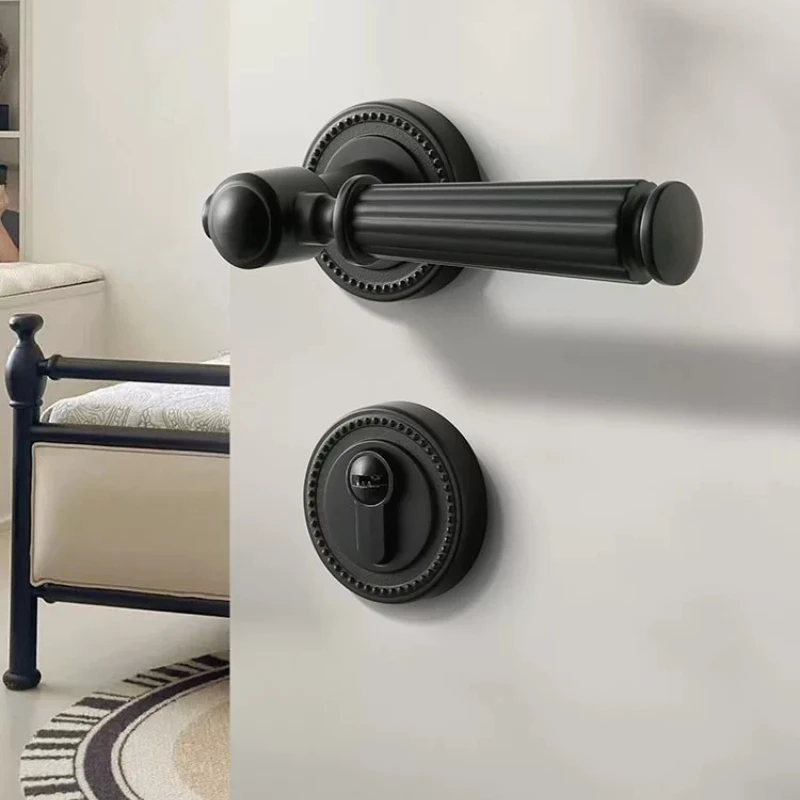 Vintage Black French Door Lock, Magnetic Quiet Bedroom Latch, American Retro Wood Knob, Smooth Fine Touch Mechanical Cylinder