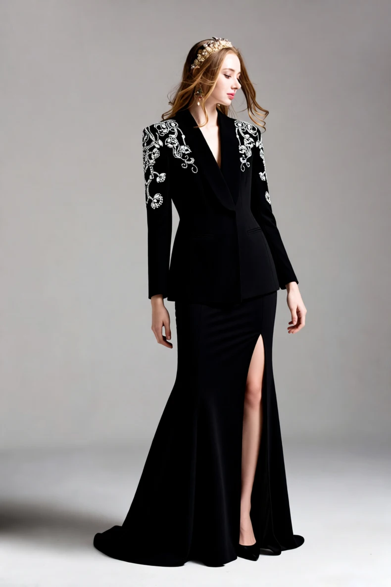 Zweiteiliges Damen-Set, schwarz bestickter Blazer und Meerjungfrauenrock, eleganter Langarmanzug mit Schulterperlen und Seitenschlitz