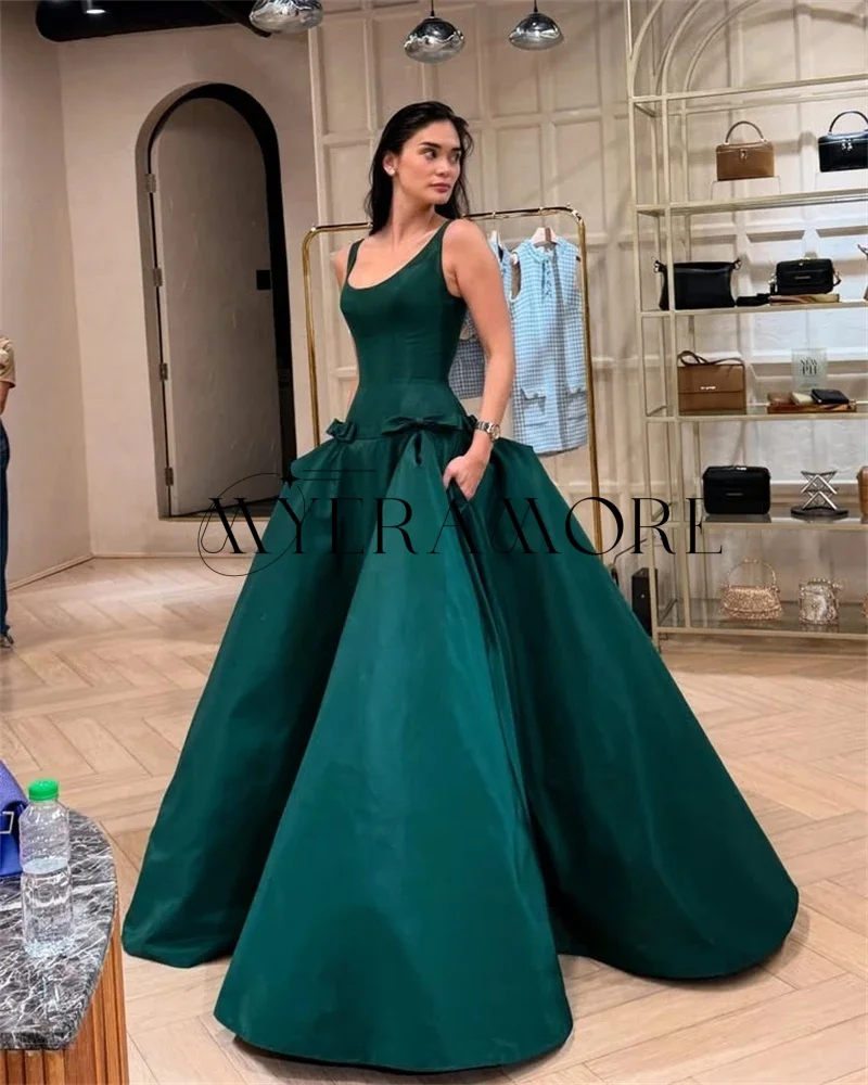 

Fashion Green A-Line Evening Dresses Square Neck Bow Lace UP Floor-Lenght Prom Dresses Customized robes de soirée