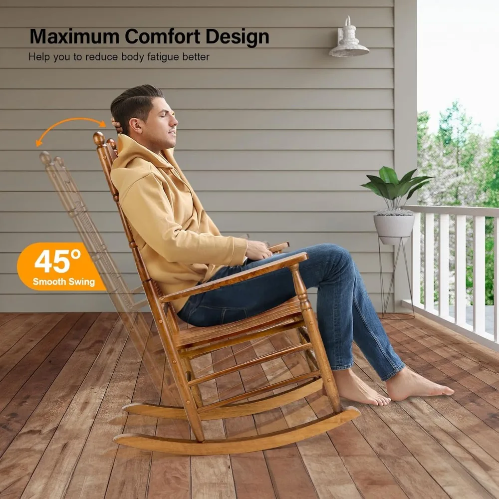 2 PCS Wood Rocking Chair Outdoor with 450 lbs Support, Outdoor Rocking Chair Set of 2, Solid Wood High Back Seat Reclining Seat