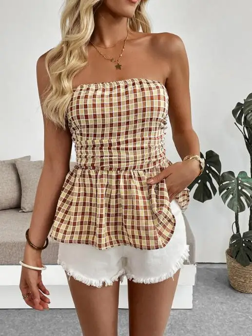 

Off Shoulder Plaid Pullover Top 2025 Summer New Plaid Patchwork Strapless Vest
