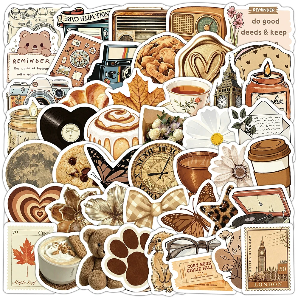 10/30/50pcs Retro Coffee Theme Cartoon Stickers Vintage Aesthetic Graffiti Decals Waterproof DIY Fridge Phone Scrapbook Sticker