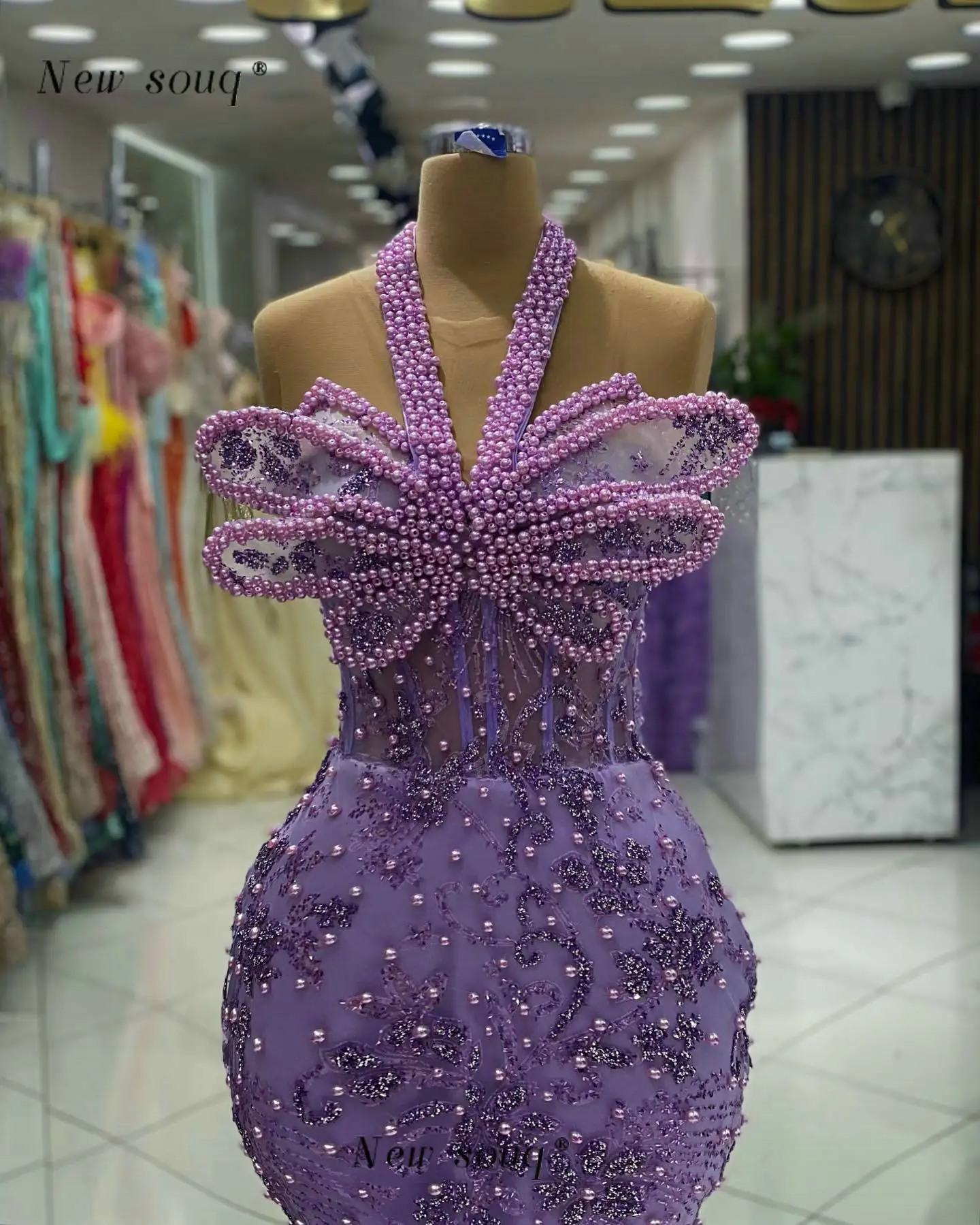 Vestidos de Noche de sirena con cuello Halter y cuentas de perlas púrpuras, corsé largo sin mangas, deshuesado, elegante, fiesta de boda y graduación