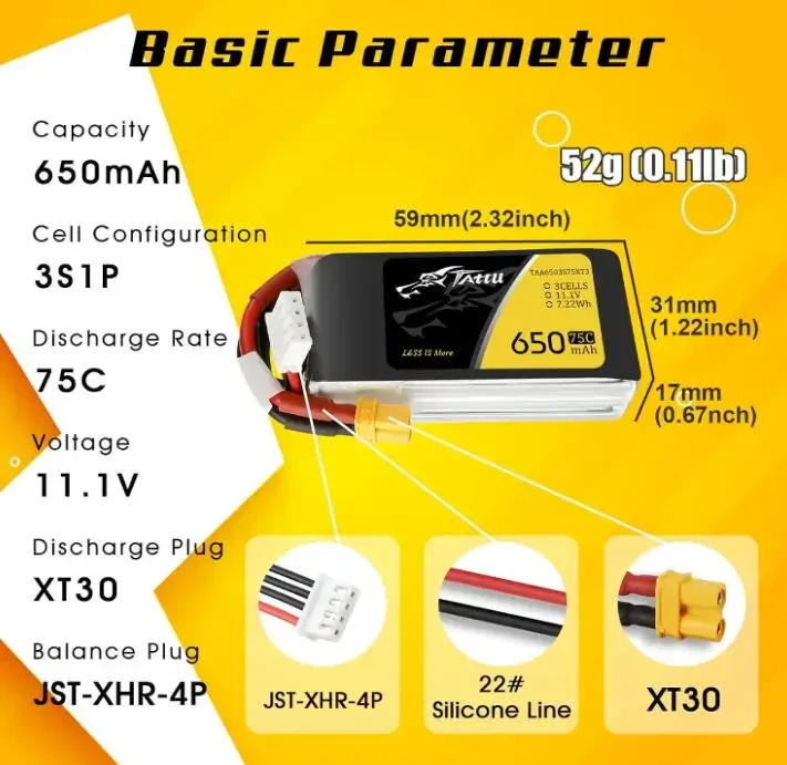 ACE Tattu 650mAh 3S1P 3S 3 cells 75C 11.1V Lipo Battery with XT30 Plug for Multirotor FPV 150 Size RC drone airplane helicopter