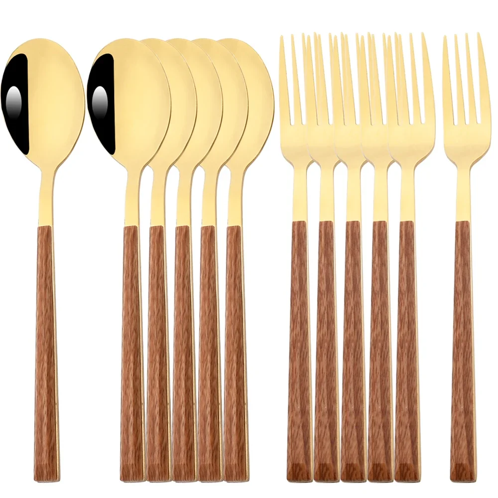 Imitation Wooden Handle Dinnerware 12Pcs Clamp Western Cutlery Set Stainless Steel Tableware Dinner Fork Spoon Kitchen Flatware