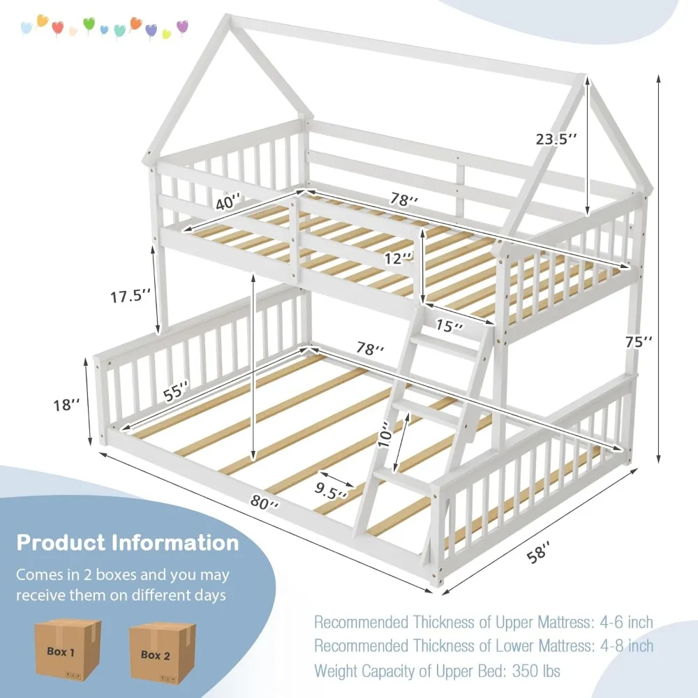 Wood Twin Over Full Bunk Bed, Solid Wood House Bed Frame Built in Ladder & Guardrails, Convertible to 2 Beds, White