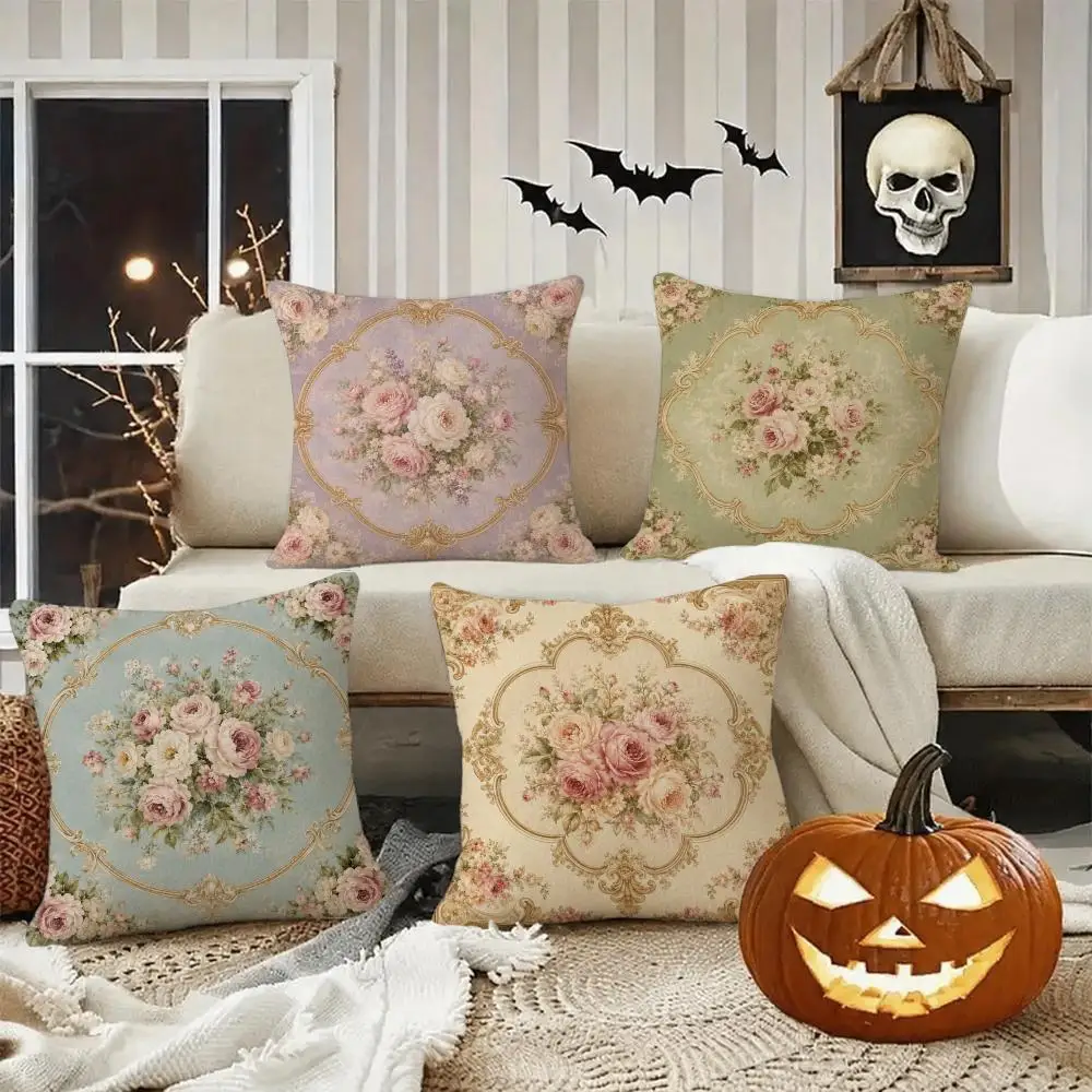 Vintage Floral Frame Decor Cushion Cover Halloween decoration trick or treat cushion cover, ghost, pumpkin head, bat decoration