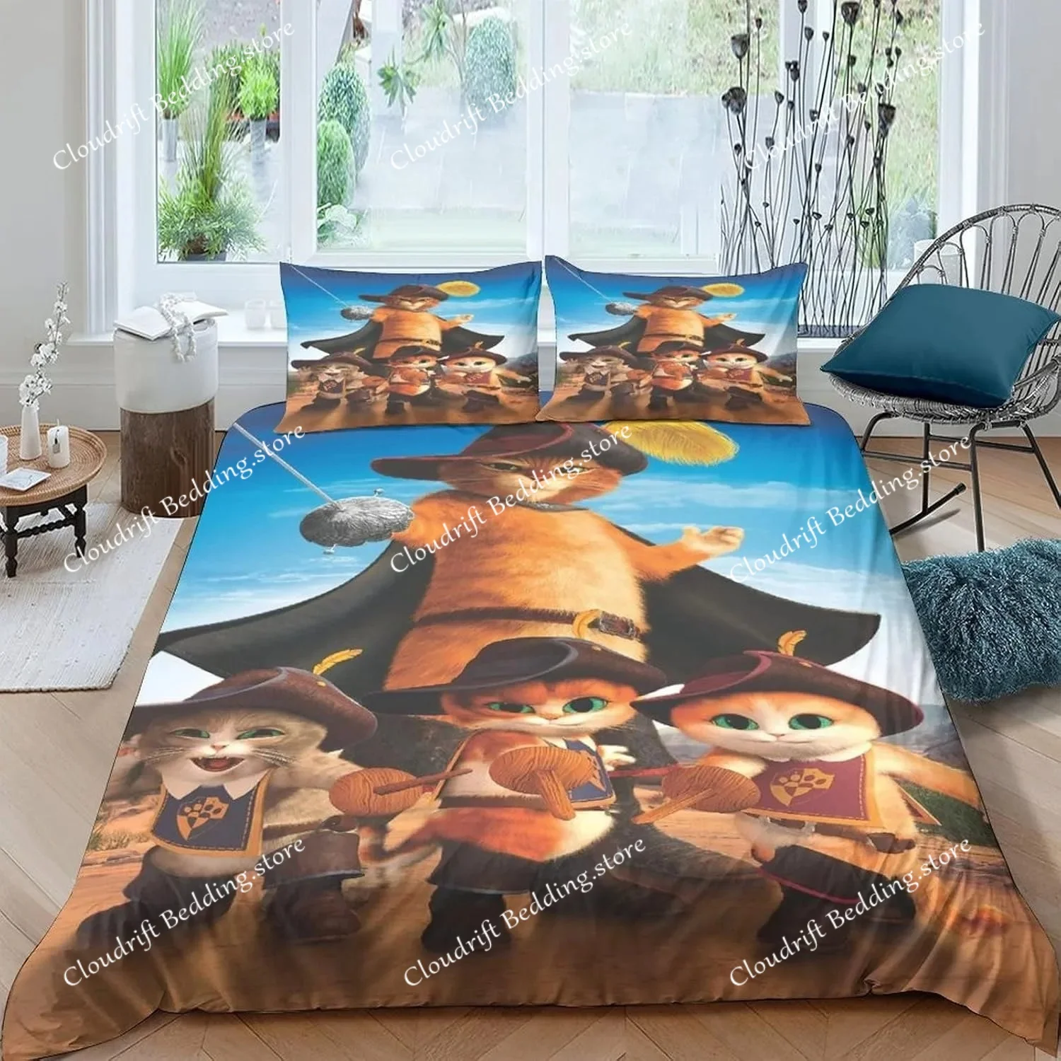 Exquisite 3D Cartoon Puss In Boots Wallpaper Cats Print Bedding Set Duvet Cover Comforter Bed Youth Kids Girls Boys Gift