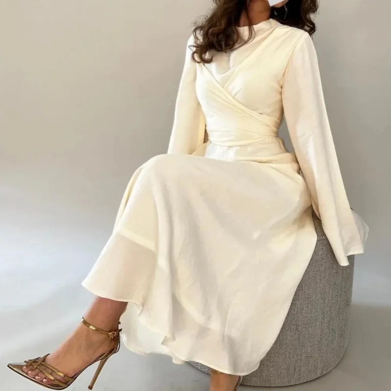 Elegant Ladies A-Line Chiffon Round Neck Long Sleeve Ankle-Length Ruffles Embellished Evening Dress Custom Cocktail Dress