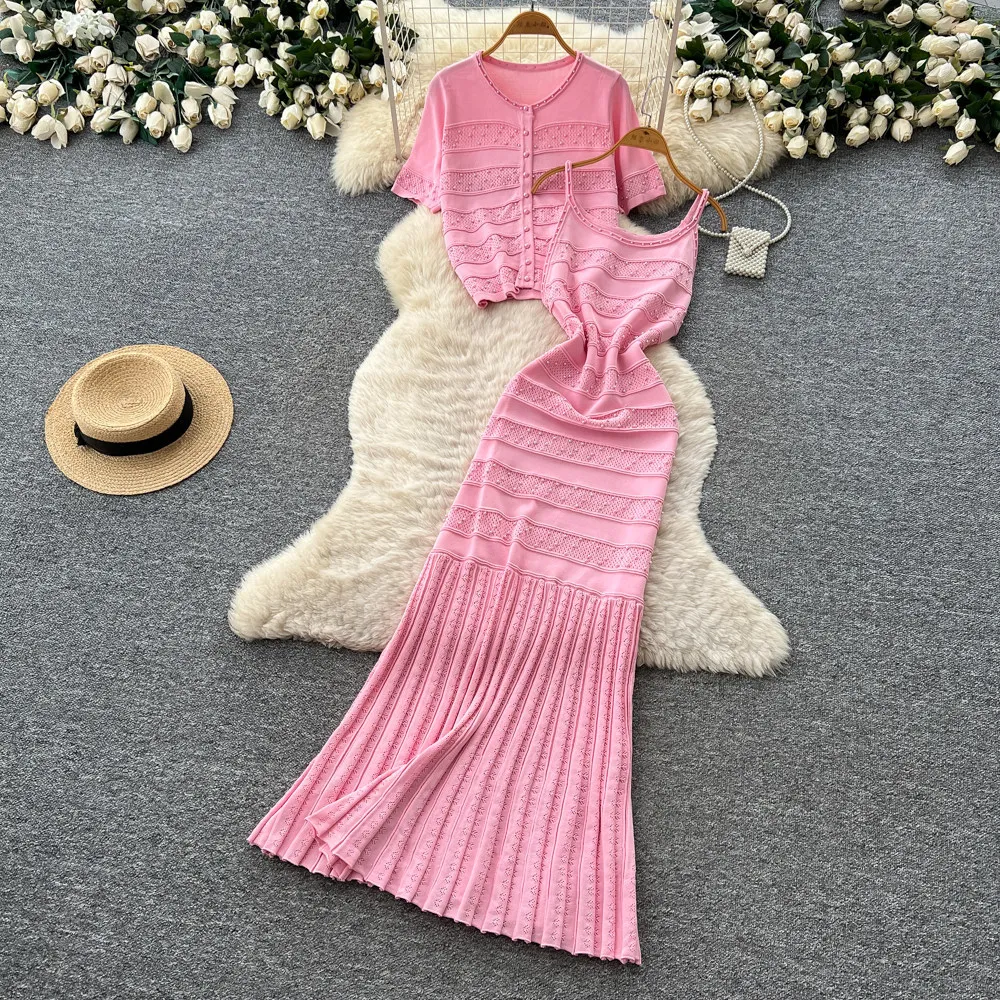 

Women Two Piece Sets Dress Set Knit Round Neck Short Sleeve Tops Long Dresses A Line Y2k Streetwear Elegant Work Slim Fit 2026