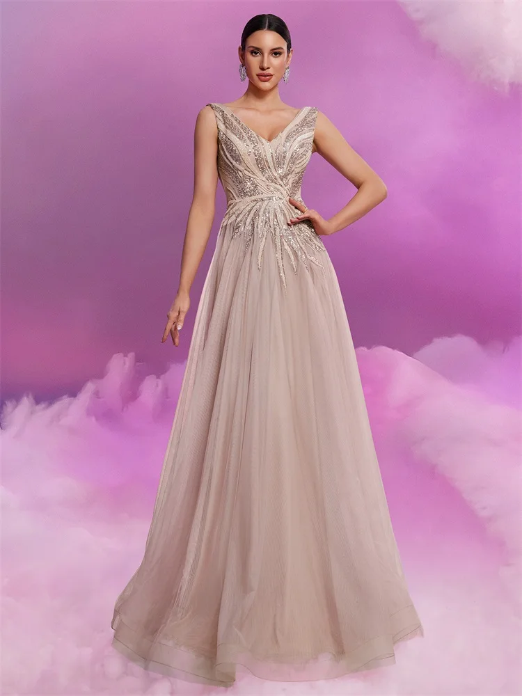 

Luxury Applique Sequins V-neck Evening Dresses Elegant Tulle Sleeveless Formal Wedding Party A-line Cocktail Gowns