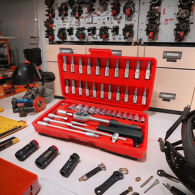 46pcs Socket Wrench Set with Ratchet Screwdriver Auto Car Repair DIY Tool Kit Household Hardware Toolbox