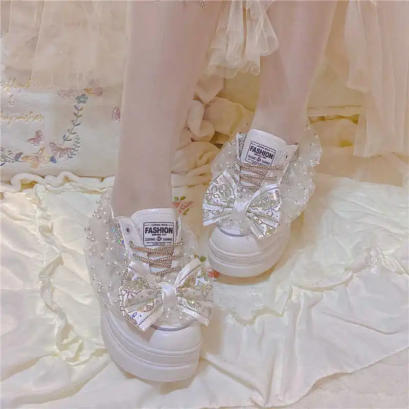 Summer Breathable Lace Single Shoes Water Diamond Bow Sweet Little White Shoes