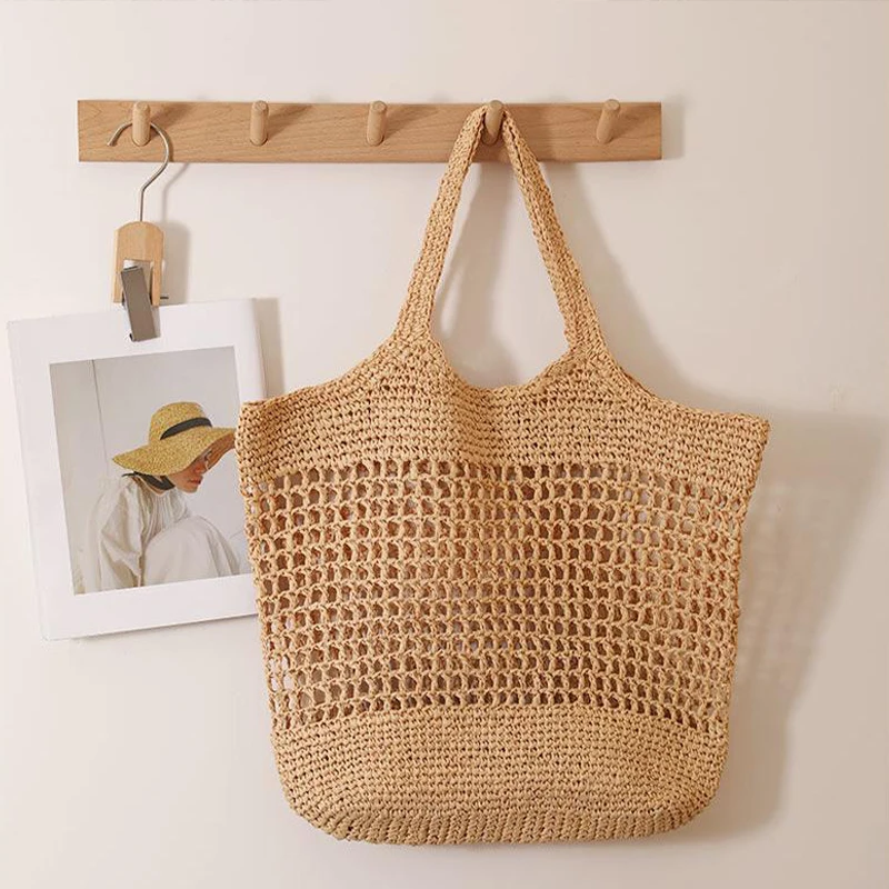

French Literary Woven Bag Elegant Fashion Hollow Shoulder Bag Leisure Vacation Beach Bag Solidcolor Versatile Large Tote Handbag