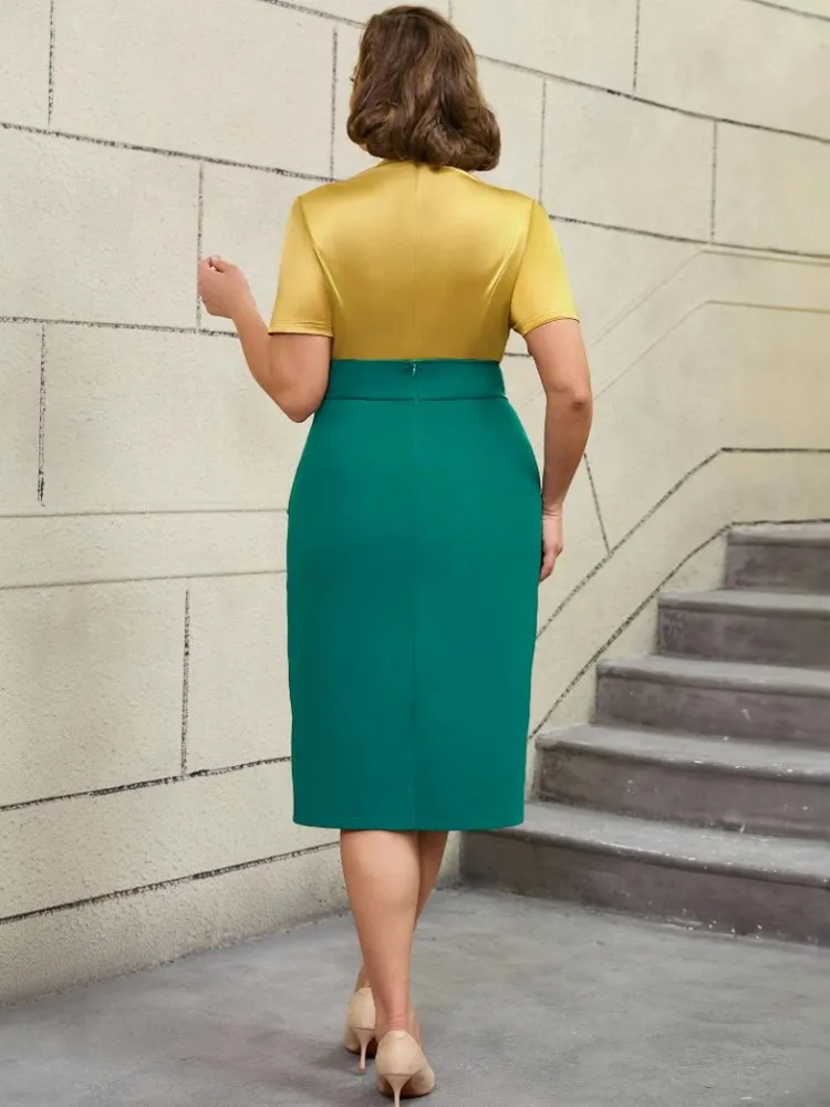 طقم مكون من قطعتين ملابس بمقاسات كبيرة للصيف والخريف ورقبة على شكل حرف v وأكمام قصيرة وتنورة ميدي أطقم نسائية ملابس خروج بدلة مكتب للسيدات