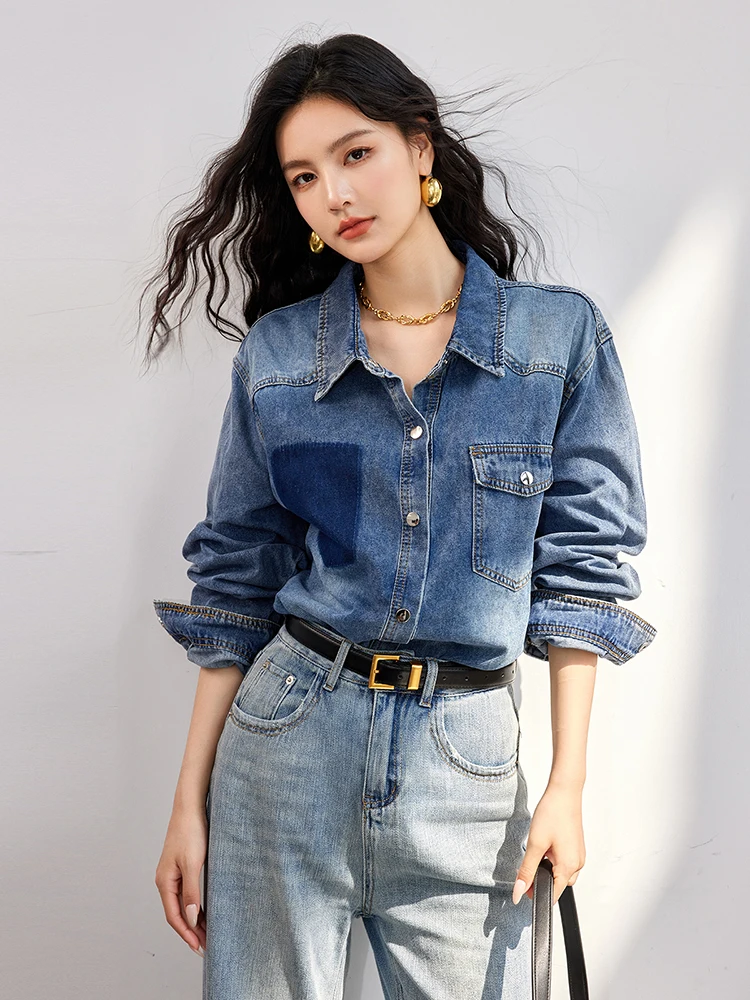 Korean Style Fashion Denim Blouse Women Elegant Lapel Long-Sleeved Shirt Chic Design Jean Shirts Autumn Single-Breasted Tops