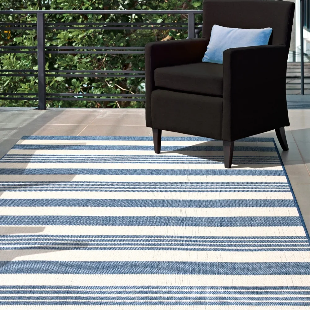 

Robin Multi Stripe Indoor/Outdoor Blue 5' 3 x 7' 6 Coastal Area Rug