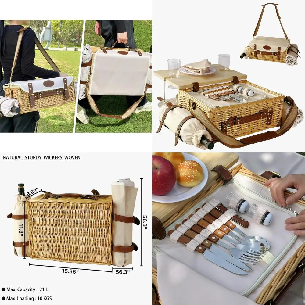 

Плетеная корзина для пикника на 2 человека со столом, одеялами, изолированным мешочком для вина и посудой для приключений на свежем воздухе