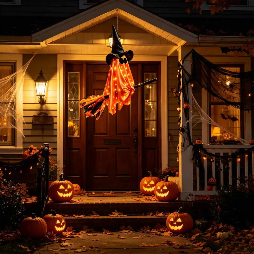 Cute Halloween Garden Props Witch Broomstick Ornament Halloween Flying Ghost Decoration with Witch Broom Hanging Ghost for Lawn