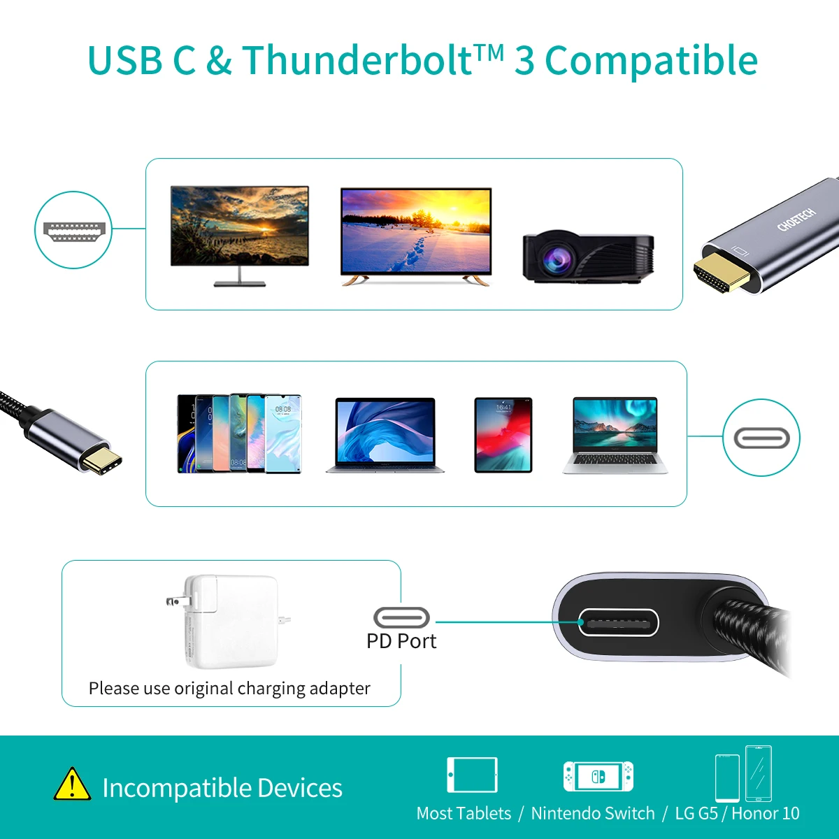 Choetech XCH-M180 USB-C to HDMI 4K + PD100W Charging Adapter 1.8meters