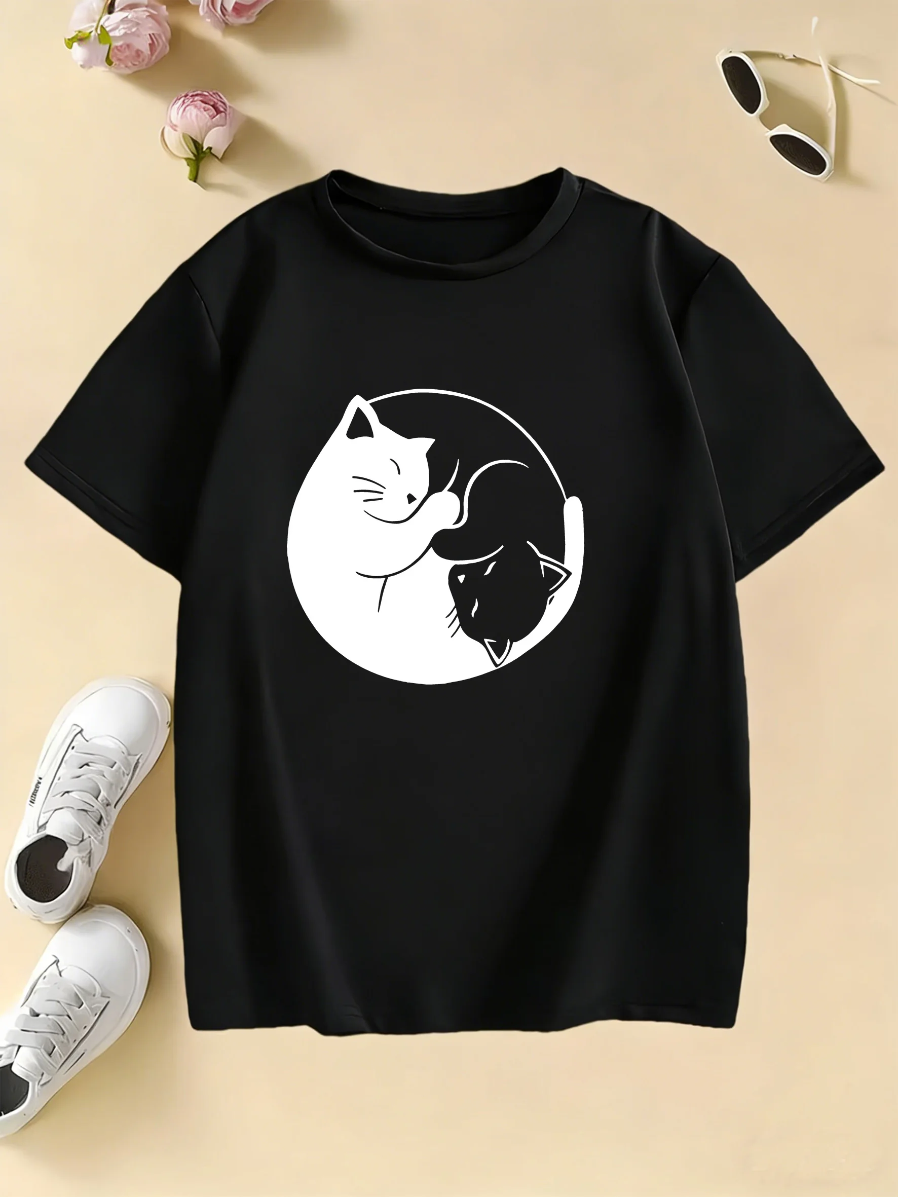 Cute Cat Graphic Kids Tshirts Summer Short Sleeve Tees Cartoon Animal Boys Girls Clothes Kawaii Kitten Tops Y2K Children T-shirt