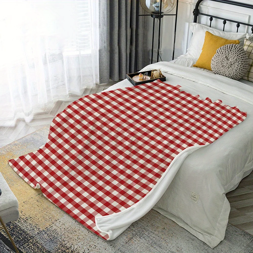 1pc Fluffy Throw Blanket, 2D Flat Red White Gingham Plaid Print, Warm Blanket for Sofa Bedroom, Camping Decor Gift