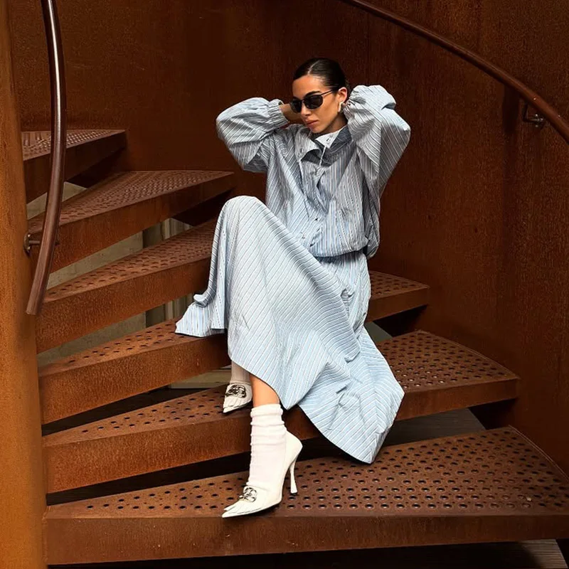 Chic Striped Women's Jacket Skirts Suit Stand Collar Drawstring A-Line Skirts Lady Set 2026 Summer Autumn 2 Pieces Set Women New