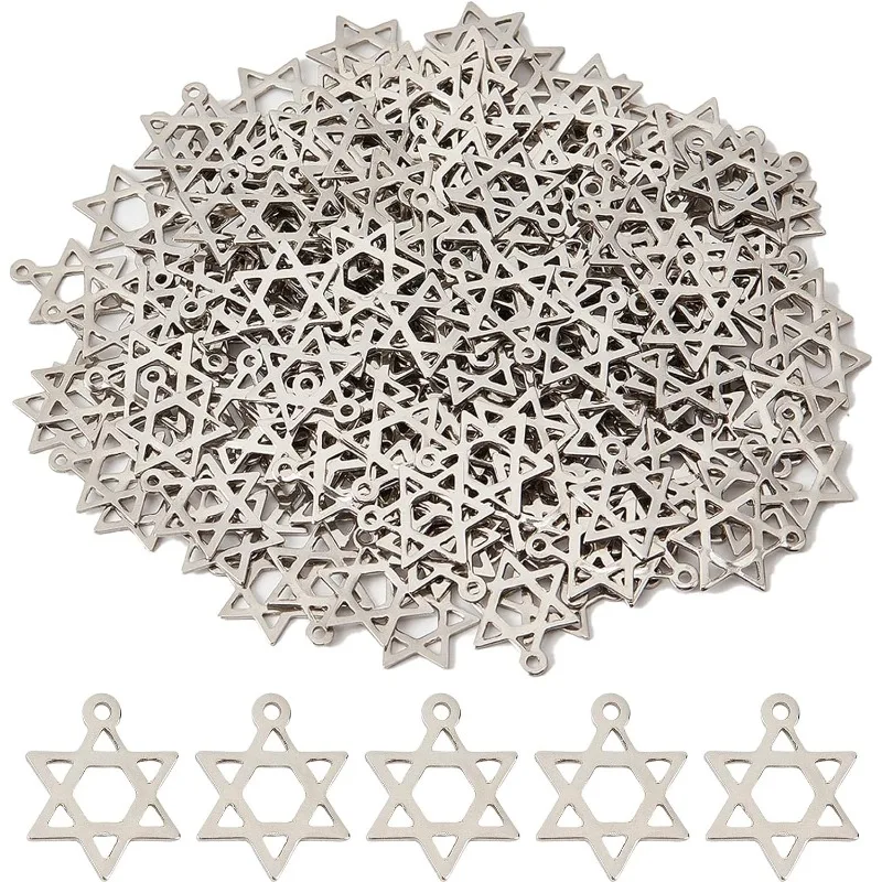 1 Pudełko 200szt Gwiazda Dawida Charms Gwiazda ze stali nierdzewnej Charms 6 Pointed Star Charm Double Side Small Jewish Star Charm Laser
