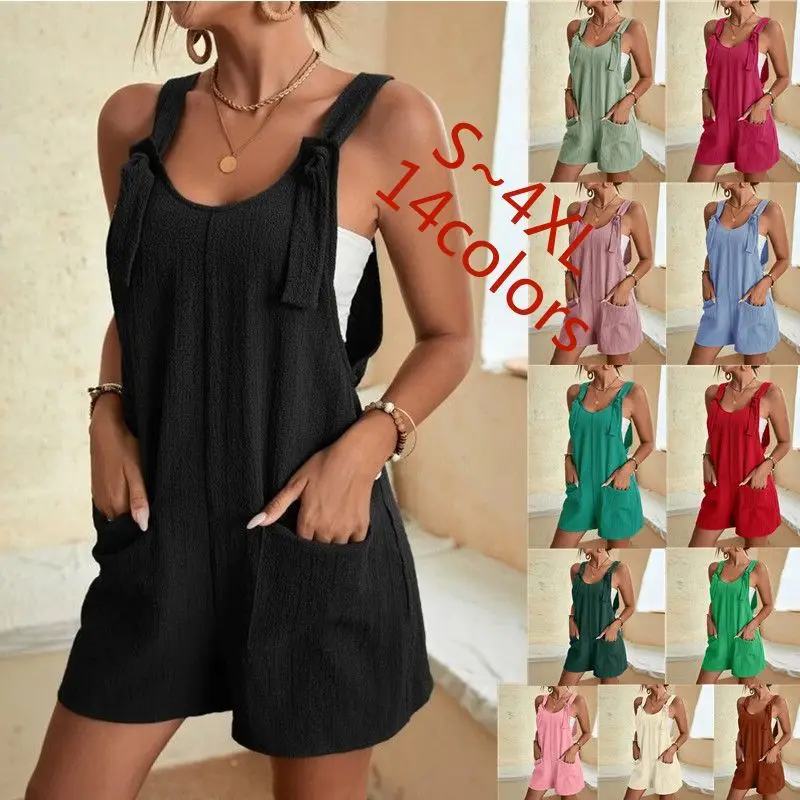 

Women's Fashions Casual Summer Short Rompers Overalls Loose Sleeveless Tie Knot Strap Jumpsuits with Pockets