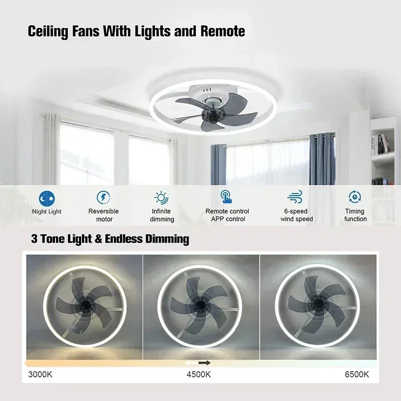 Image 3: Ventilateur de plafond moderne et minimaliste, adapté aux salons et aux chambres, avec un design silencieux et une lumière intégrée.