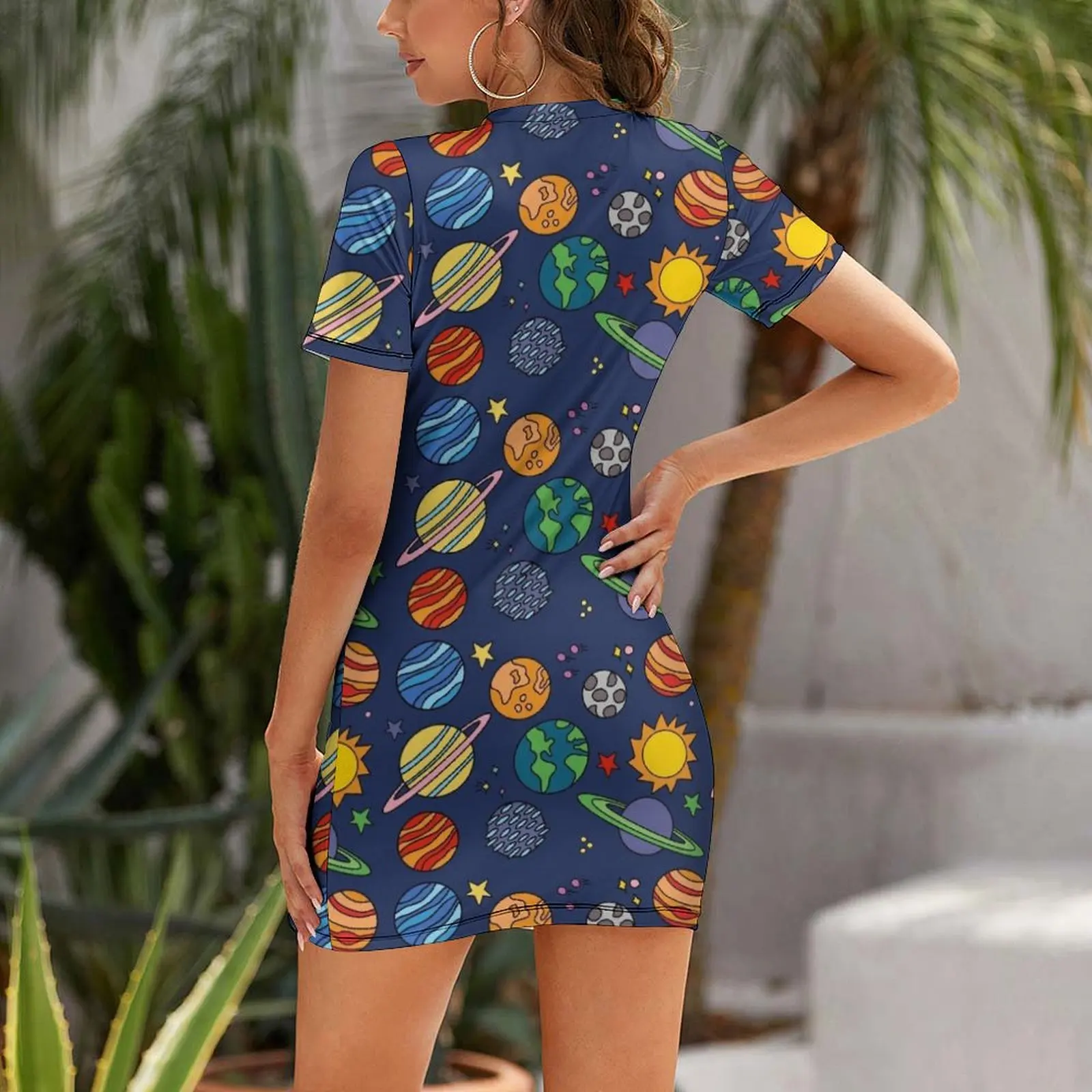 Planet Print Space Earth Astronomy Science Short Sleeved Dress Dresses summer dress daily Dress