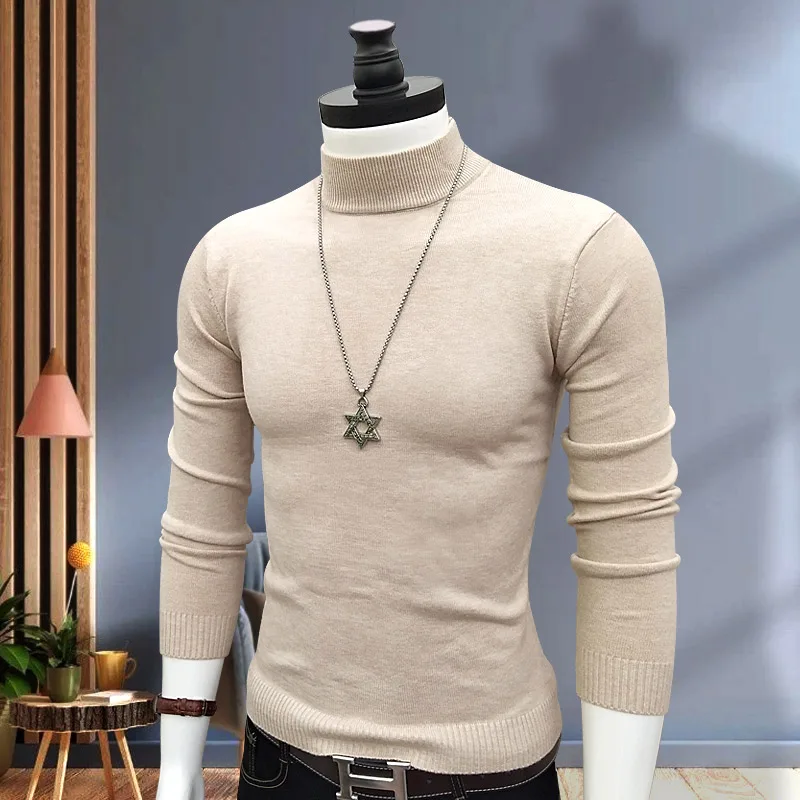 

Men's Warm Mid-High Collar Knitwear Slim Fit Color Base irt Faionable Korean Sle Casual Long Sve Autumn Winter