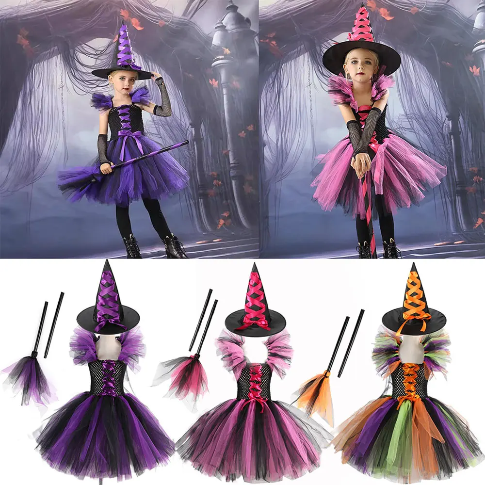 

New Halloween Witch Lace Striped Knee-length Purple Red and Yellow Dress for Girls Bat Witch Costumes With Hats and Broom Suits