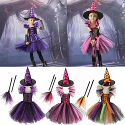 New Halloween Witch Lace Striped Knee-length Purple Red and Yellow Dress for Girls Bat Witch Costumes With Hats and Broom Suits